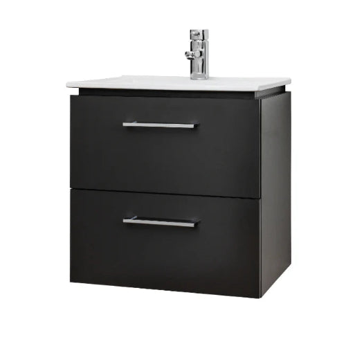 A gray Weston 500mm 2 Drawer Wall Hung Vanity Unit with a basin and tap, designed for bathroom storage.