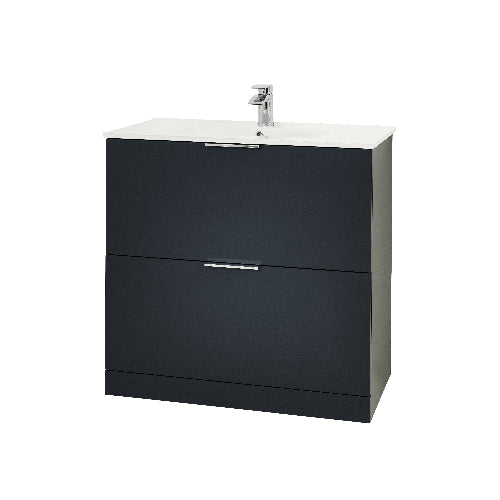 Black floor standing vanity unit with two drawers and a white basin on top.