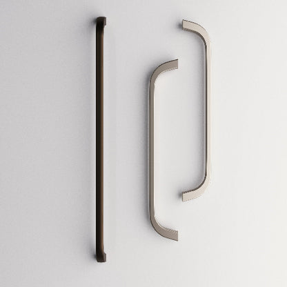 Two metallic door handles, one black and one silver, on a light gray background.