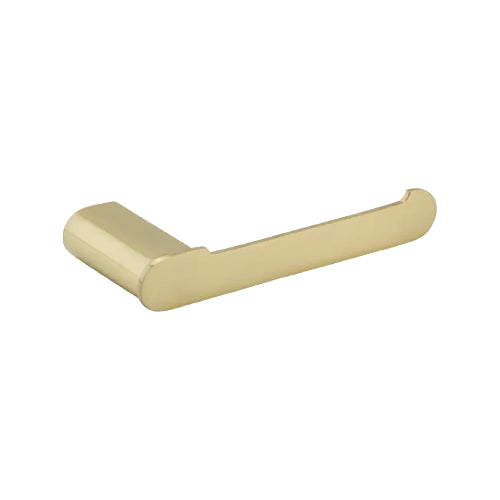 A brushed brass toilet roll holder with a sleek and stylish design, suitable for contemporary bathroom interiors.