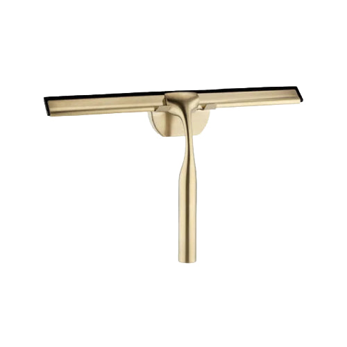 A brushed brass shower squeegee with a long handle, designed for use in a bathroom.