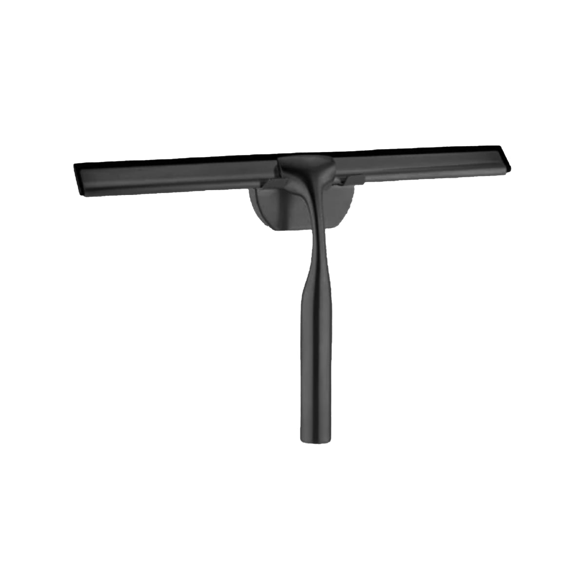 A brushed brass shower squeegee with a long handle, designed for use in a bathroom.
