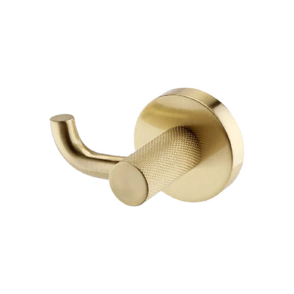 A brushed brass robe hook with intricate diamond-cut knurled detailing.