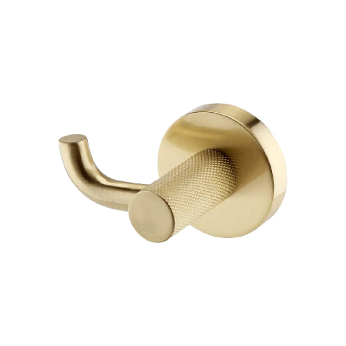 A brushed brass robe hook with intricate diamond-cut knurled detailing.