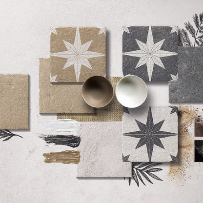 Decorative tiles with star patterns and bowls on a textured surface
