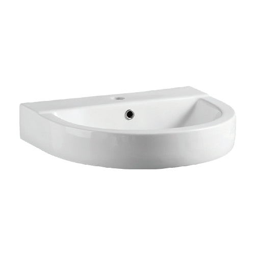 A white ceramic wall-mounted washbasin with a sleek, curved design.