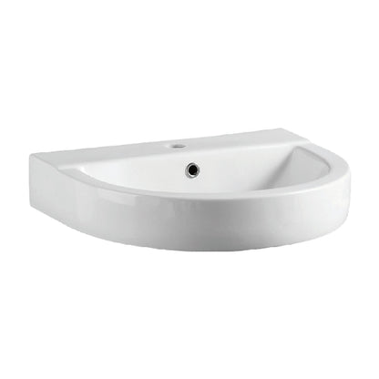 A white ceramic wall-mounted washbasin with a sleek, curved design.