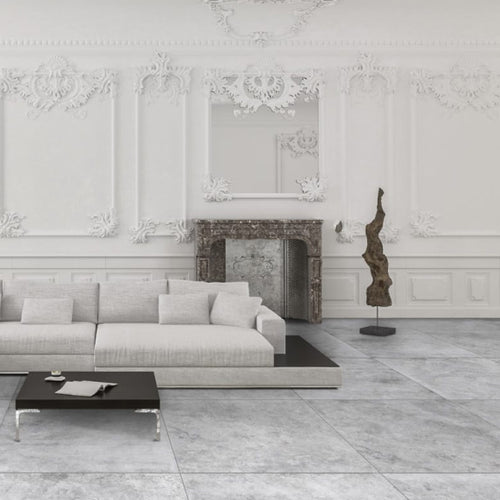 Antica Grey Marble Effect Tile in Living Room Setting
