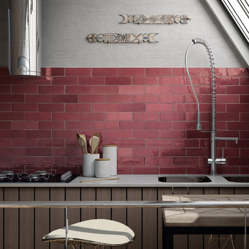 Artisan Burgundy Zellige effect tiles on kitchen wall