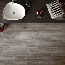 Load image into Gallery viewer, Aspenwood greige wood effect porcelain floor tile in bathroom