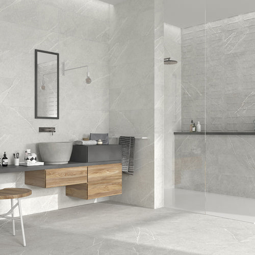 Camden grey tiles on wall and floor in bathroom
