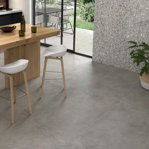 Matt grey floor tile with rectified edges in kitchen