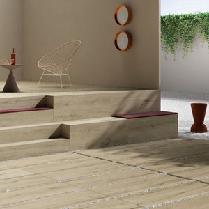 Craft wood effect porcelain paving tile on patio area