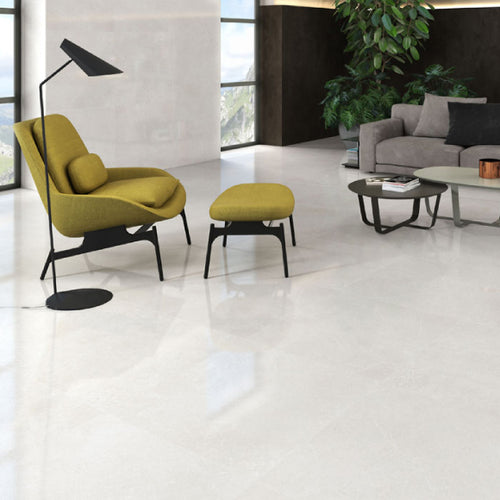 Global large format floor tile in white on living room floor