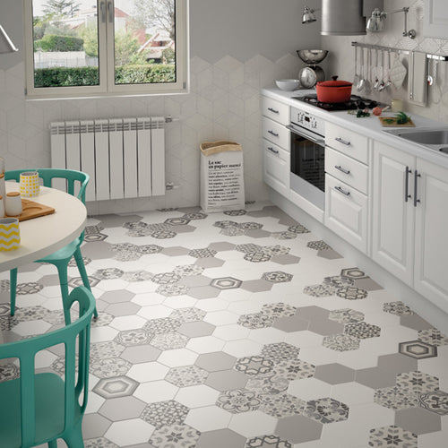 Grey and white pattern hexagonal tiles on kitchen floor