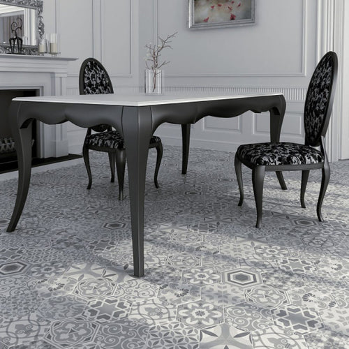 Grey and white hexagonal tile on dining room floor