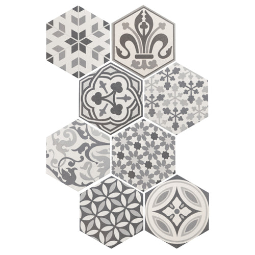 Grey and white pattern hexagonal tiles