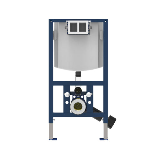 A powder-coated steel support frame for wall hung toilets, shown in blue, with hidden fixings.