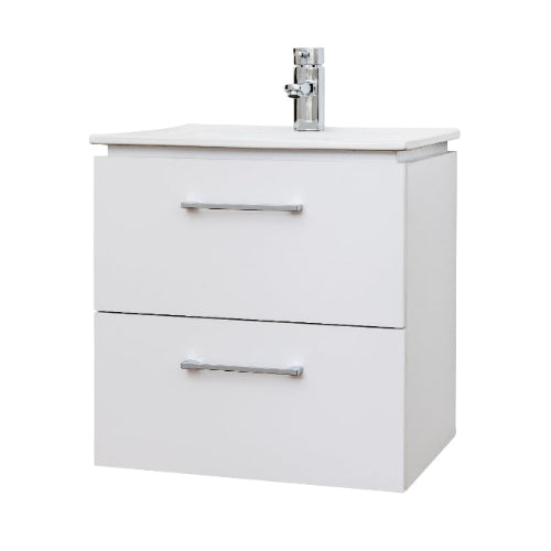 A gray Weston 500mm 2 Drawer Wall Hung Vanity Unit with a basin and tap, designed for bathroom storage.
